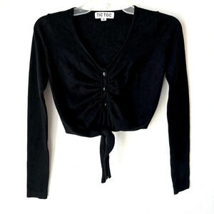 Tic Toc Black Cropped Tie Front Cardigan Sweater Size Small Black Whimsigoth